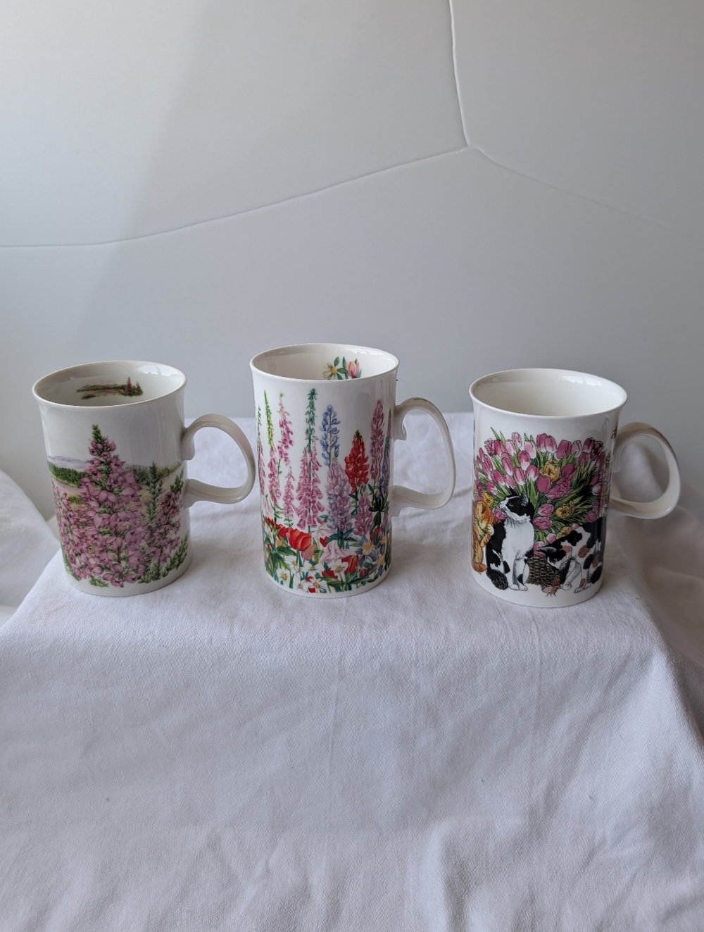 Lot Of 3 Dunoon Ceramic Mugs - Floral & Cat Designs
